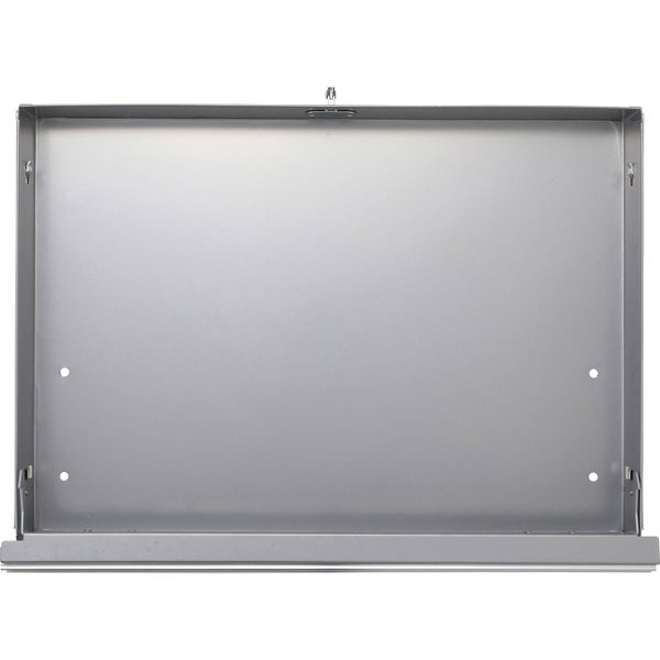 Schublade aus grauem Metall für Werkzeugschränke, rechteckig mit Montagelöchern.