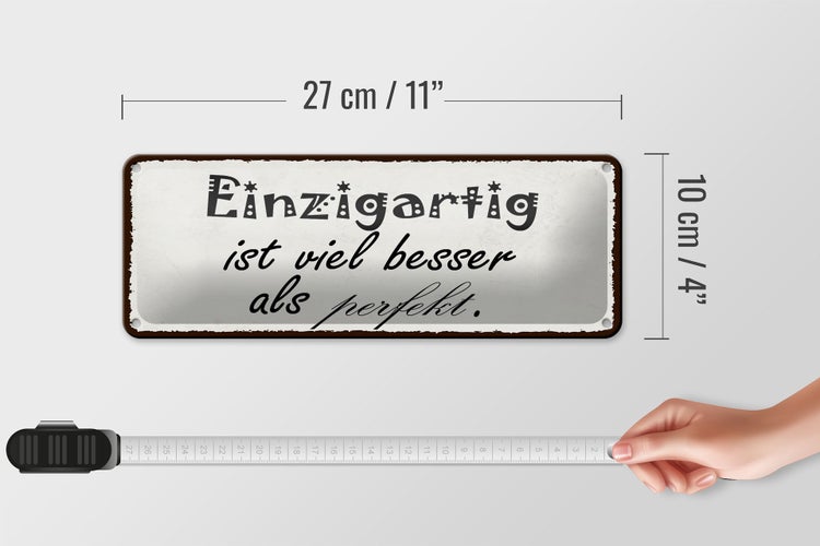 Blechschild Spruch 27x10cm einzigartig besser als perfekt Dekoration