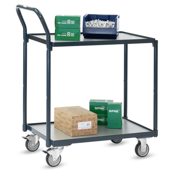 Tischwagen mit zwei Etagen beladen mit SPAX Kartons und einer Sichtlagerbox auf vier Lenkrollen.