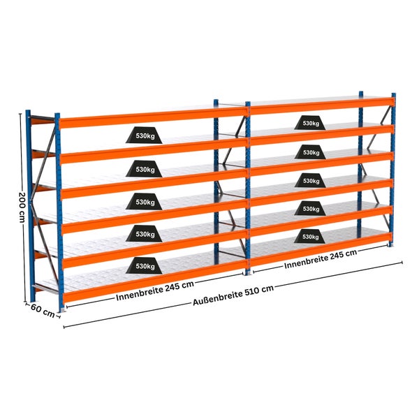 Abbildung eines Schwerlastregals mit den Maßen 200 x 510 x 60 cm und einer maximalen Traglast von 530 kg pro Regalboden.