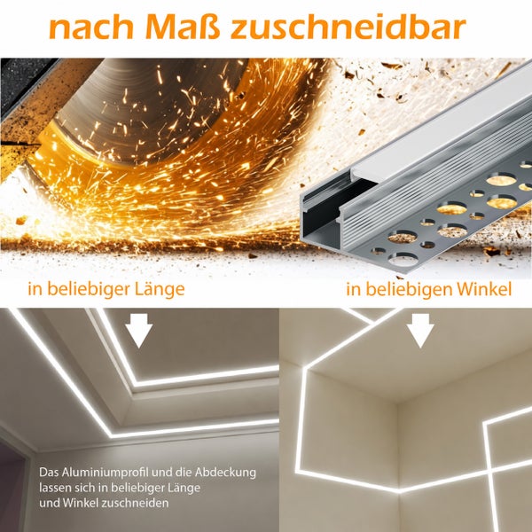 LED Aluminiumprofil zum Zuschneiden für individuelle Längen und Winkel, inklusive Abdeckung zur Montage in Trockenbauwänden oder Decken.
