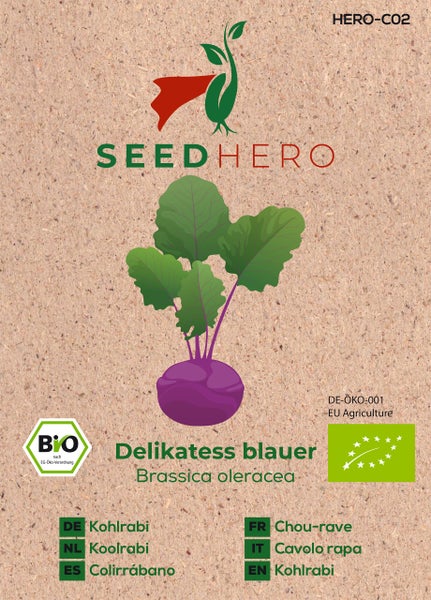 Bio-Samen für Kohlrabi Delikatess blauer von SeedHero, Illustration einer Kohlrabi-Pflanze, EU-Bio-Siegel.