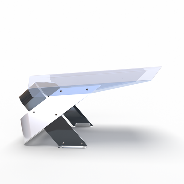 Moderner Schreibtisch mit Glasplatte und Metallgestell