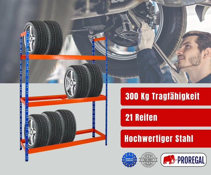 Reifenregal aus hochwertigem Stahl für 21 Reifen, 300 Kilogramm Tragfähigkeit, Proregal Logo, in einer Werkstatt-Szene.