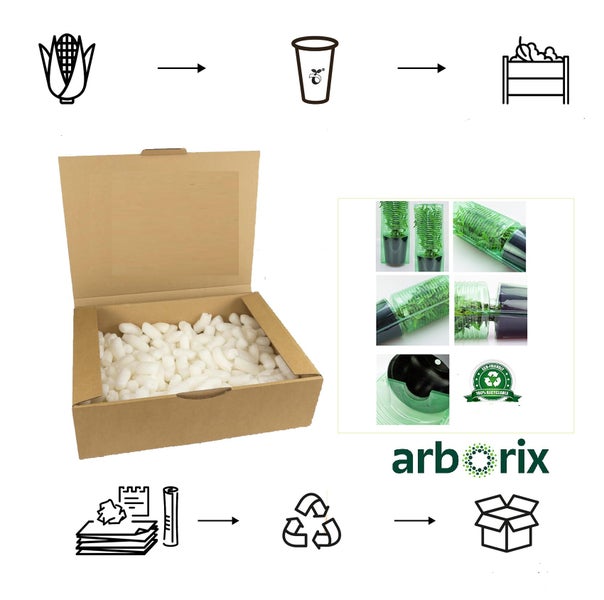 Arborix Versandkarton mit biologisch abbaubarem Füllmaterial und Darstellung der nachhaltigen Verpackungskette.
