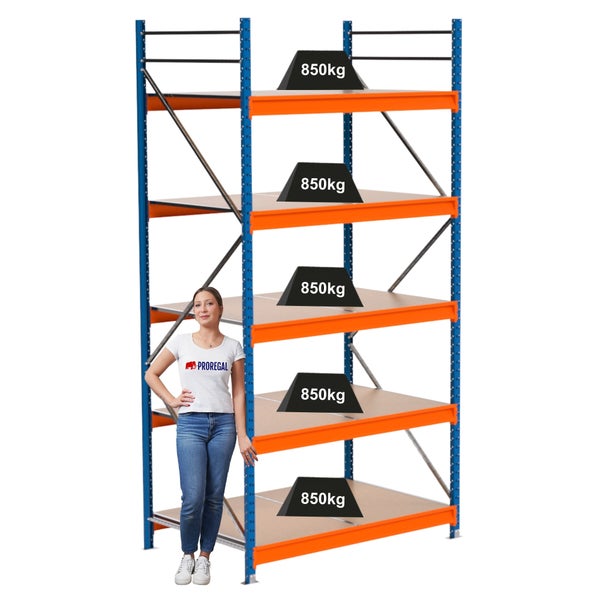 Schwerlastregal mit fünf Ebenen und einer Traglast von 850 Kilogramm pro Ebene.
