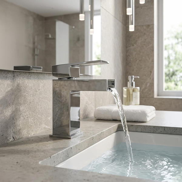 Moderne, verchromte Badarmatur im eckigen Design mit Schwallauslauf im hellen Badezimmer mit Fliesen in Steinoptik und weißem Waschbecken.