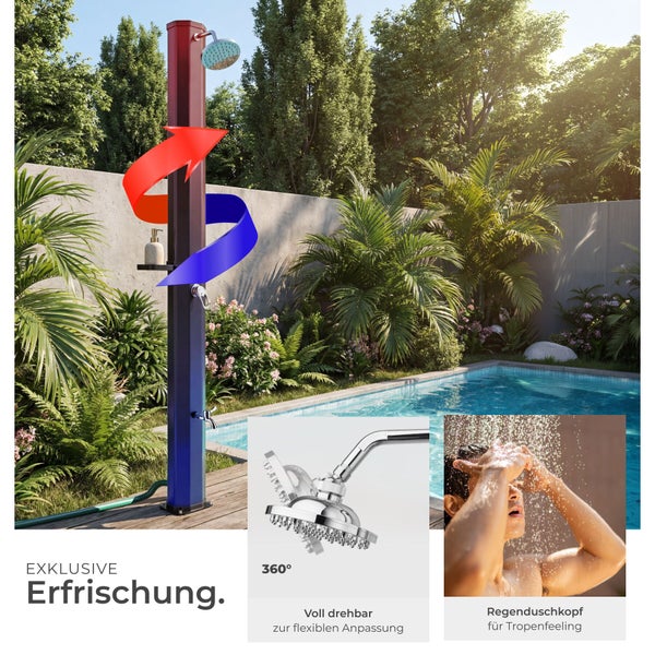 Solardusche am Pool im Garten mit einem 360 Grad drehbaren Regenduschkopf und einstellbarer Wassertemperatur.