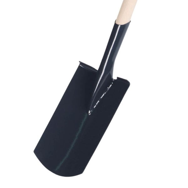 Pflanzspaten mit abgerundetem Metallblatt und Holzstiel.