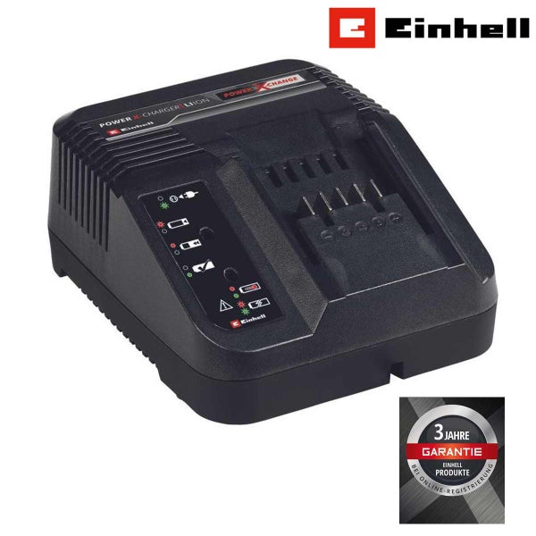 Einhell Power X-Change Akkuladegerät für Lithium Ionen Akkus mit LED Statusanzeige und Einhell Logo sowie Garantiehinweis.
