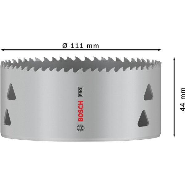 Bosch Pro Lochsäge mit einem Durchmesser von 111 mm und einer Höhe von 44 mm.