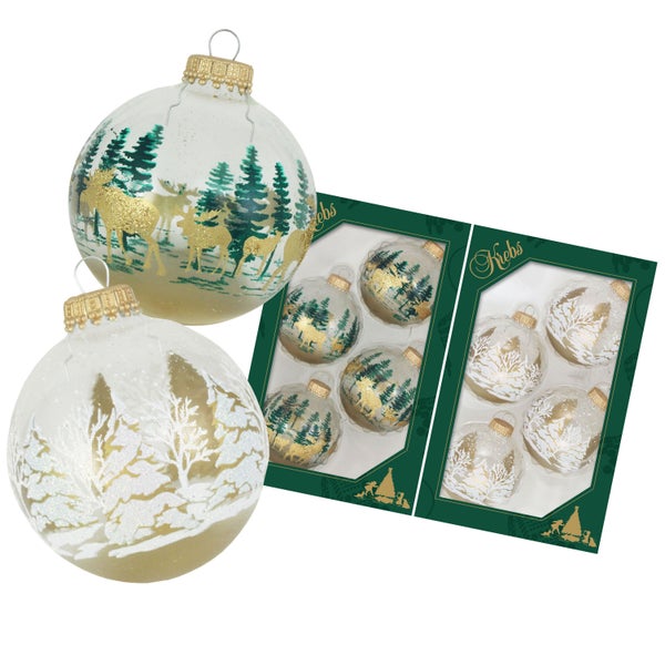 Kristall 7cm Glaskugelset Banddekor Winterwald und Elche, 8 Stck., Weihnachtsbaumkugeln, Christbaumschmuck, Weihnachtsbaumanhänger