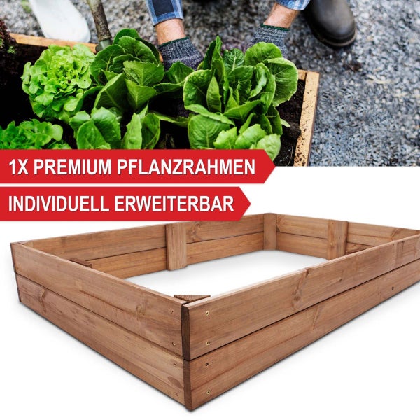 Rechteckiger Pflanzrahmen aus Holz für den Garten, individuell erweiterbar, gezeigt in Anwendung beim Bepflanzen mit Salat.