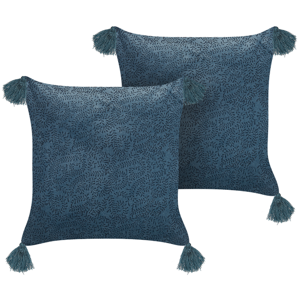 Dekokissen 2er Set SETARIA Samtstoff 45 x 45 cm Dunkelblau Pflanzenmuster