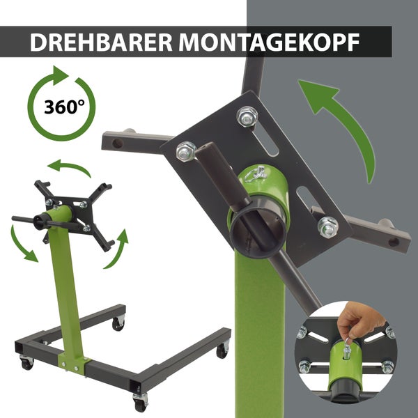 Motorständer Stahl Tragkraft 550 kg 360° Montagekopf 4 Räder Motorhalter Montageständer mobil grün