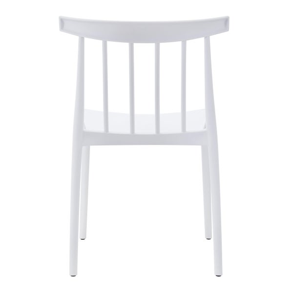 Weißer Stuhl aus Kunststoff mit Sprossenlehne, Rückansicht.