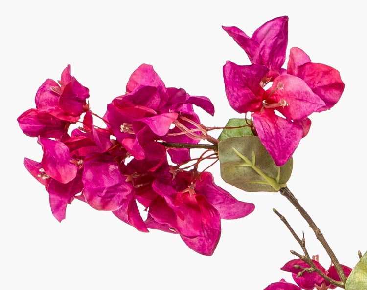 Künstlicher Blumenzweig mit magentafarbenen Blüten und grünen Blättern