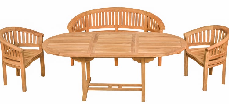 Teak Sitzgruppe 1 Bananenbank 2 Bananensessel mit 1 Ausziehtisch oval 150 x 100 cm premium