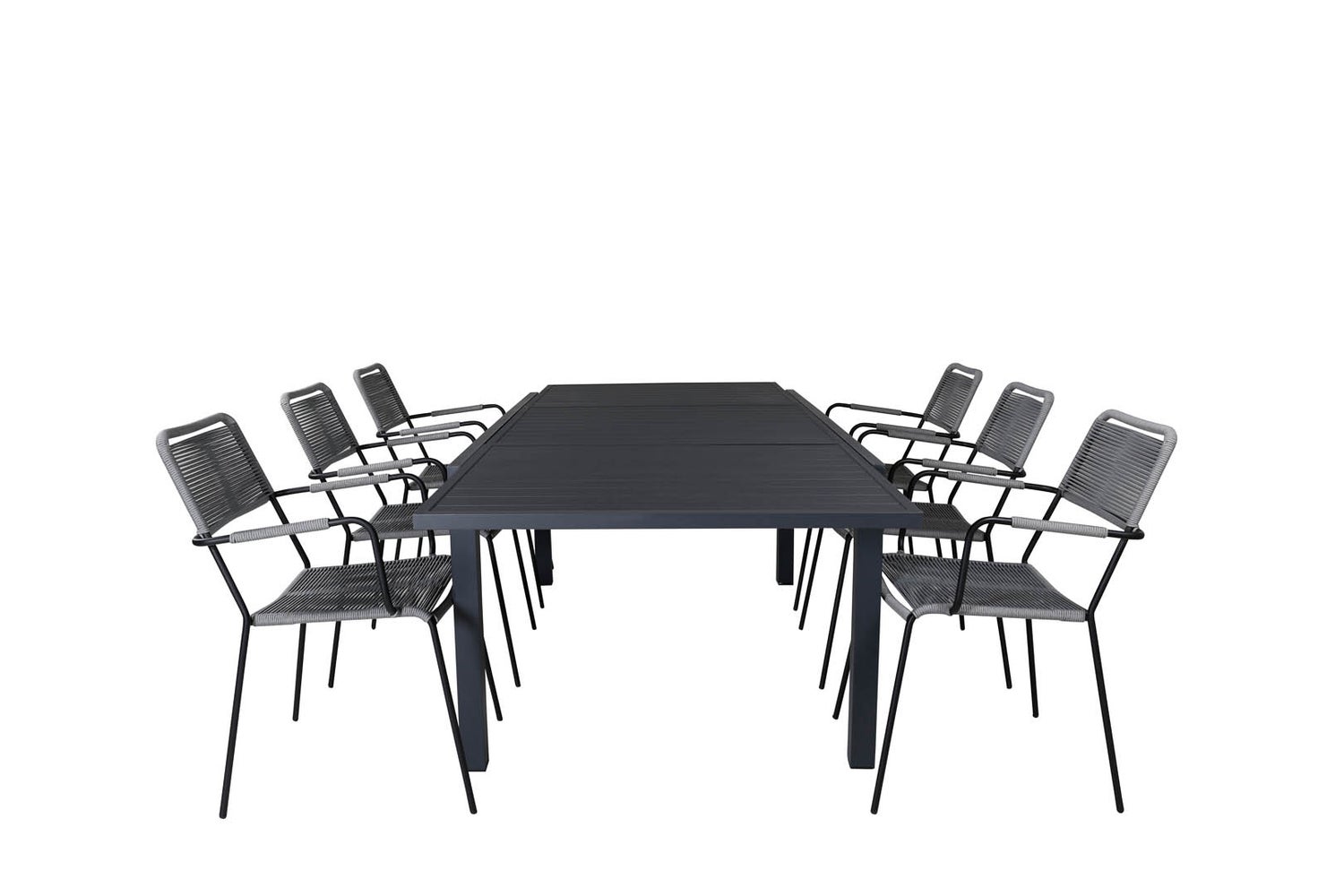 Marbella Gartenset Tisch 100x160/240cm und 6 Stühle Armlehne Lindos schwarz.