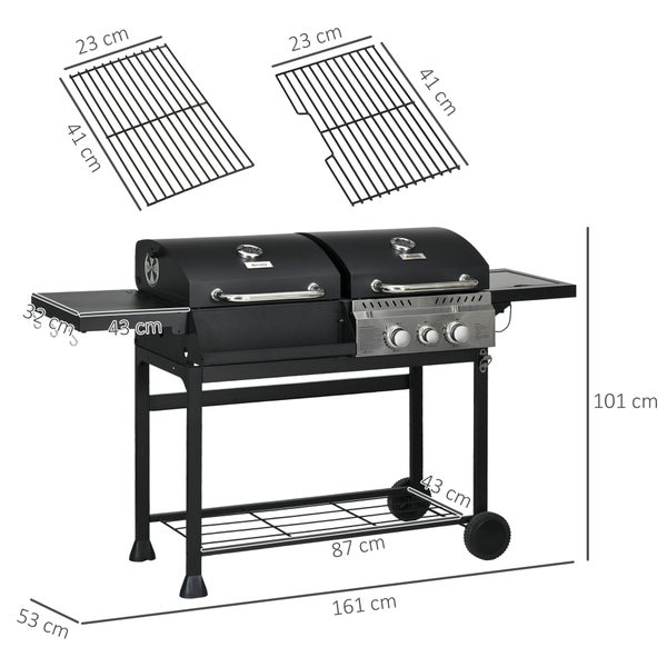 Outsunny Gasgrill mit 2+1 Brenner, 3kW BBQ Holzkohlgrill mit Regal, Grillwagen, 161L x 53B x 101H cm, Verzinkter Stahl, Edelstahl, Schwarz