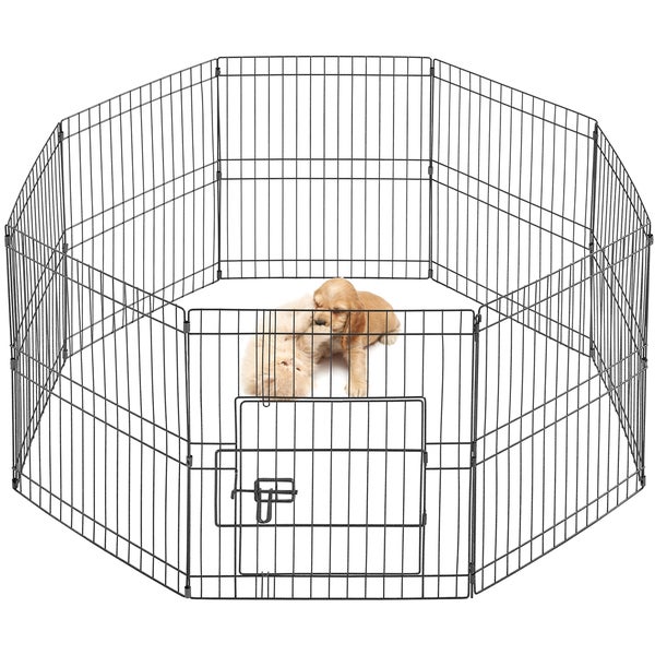 Laufstall aus Metall mit Tür und zwei Welpen darin