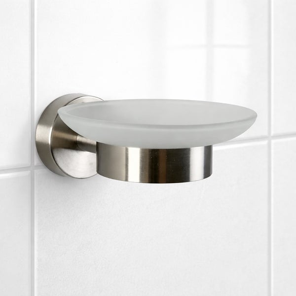 Wandmontierte Seifenschale aus mattiertem Glas mit Halterung in Edelstahl-Optik.
