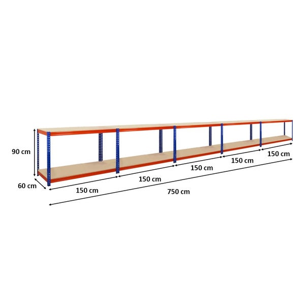 PROREGAL Mega Deal 5x Profi Werkbank STRONG BEAST, HxBxT 90x150x60cm mit Fachlast 500kg, 2 Ebenen, Blau-Orange