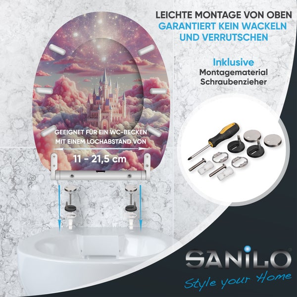 Sanilo WC Sitz mit Schloss Motiv und Montagematerial für Lochabstand von 11 bis 21,5 Zentimeter inklusive Schraubenzieher.