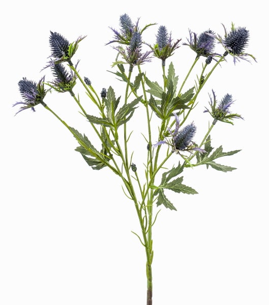 Künstlicher Distelzweig mit violetten stacheligen Blütenköpfen und grünen Stielen für die Dekoration.
