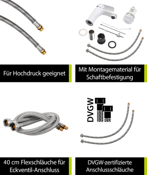 aquaSu® Wasserhahn Bad Weiß, Waschtischarmatur mit Zugstange, Einhebelmischer für Waschbecken, Badarmatur mit Ablaufgarnitur, Mischbatterie mit Wassersparmischdüse, Messingkern, werkzeuglose Montage, 797375