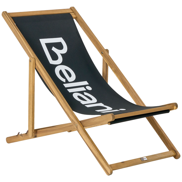 Klappbarer Liegestuhl mit Holzgestell und schwarzem Stoffbezug mit Beliani Logo.