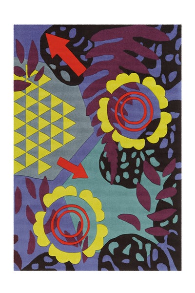 Moderner Designteppich mit abstraktem floraltem Muster und geometrischen Elementen