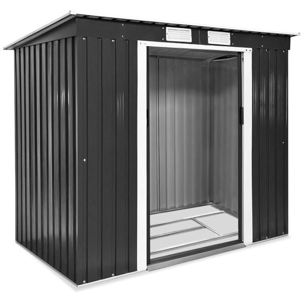 Gartenhaus aus Metall mit Pultdach, zweiflügeliger Schiebetür und Belüftungsschlitzen.