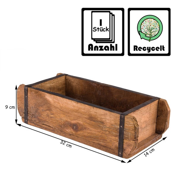 Dekorative Holzkiste mit Metallbändern, Größe 32 x 14 x 9 cm, Kennzeichen für Einzelstück und recyceltes Material