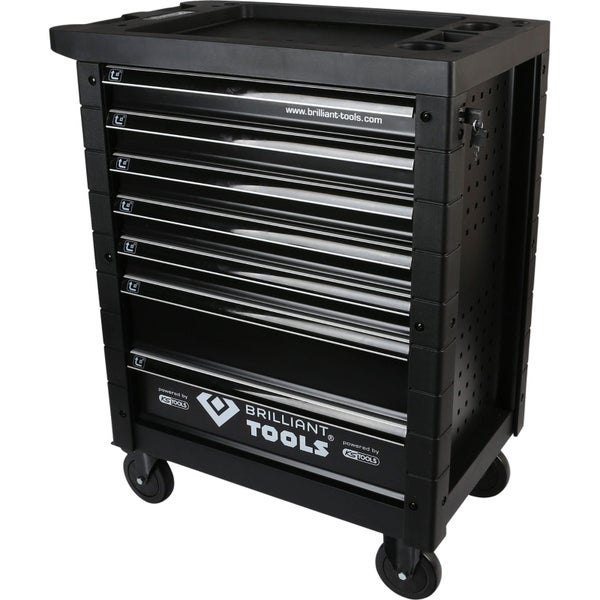 Schwarzer Brilliant Tools Werkstattwagen mit sieben Schubladen, abschließbar, auf Rollen, mit Arbeitsfläche und seitlicher Lochwand.