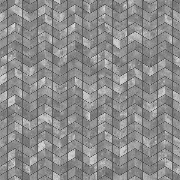 Tapete mit geometrischem Chevron-Muster in grauer Beton-Optik.
