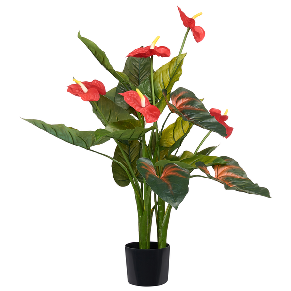 Künstliche Anthurie im schwarzen Topf mit roten Blüten und grünen Blättern.