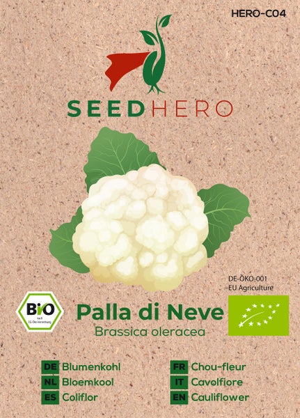 Bio-Samen für Blumenkohl Palla di Neve, SEEDHERO Logo, zertifizierter ökologischer Landbau.