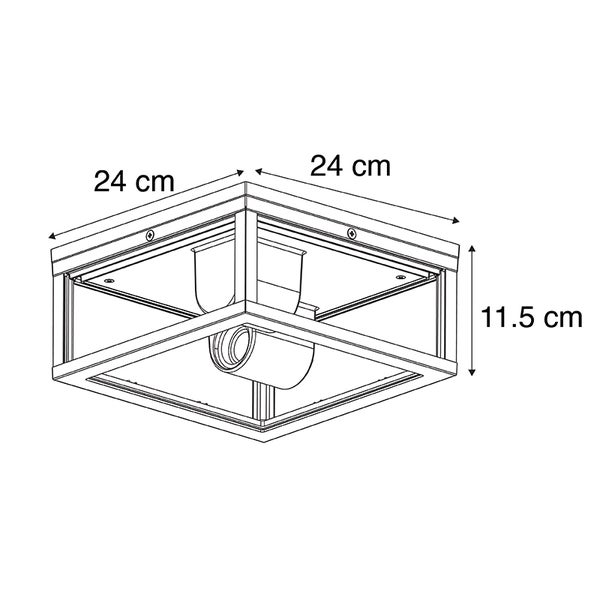 Maßzeichnung einer quadratischen Deckenleuchte: Breite 24 Zentimeter, Länge 24 Zentimeter, Höhe 11,5 Zentimeter.