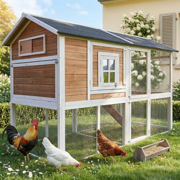 Hühnerstall aus Holz mit integriertem Auslauf, Satteldach und Maschendrahtzaun im Garten mit Hahn und Hennen auf dem Rasen.