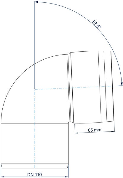 Maßzeichnung HT-Bogen mit einem Winkel von 87,5 Grad, Nennweite 110 und einer Länge von 65 Millimeter.