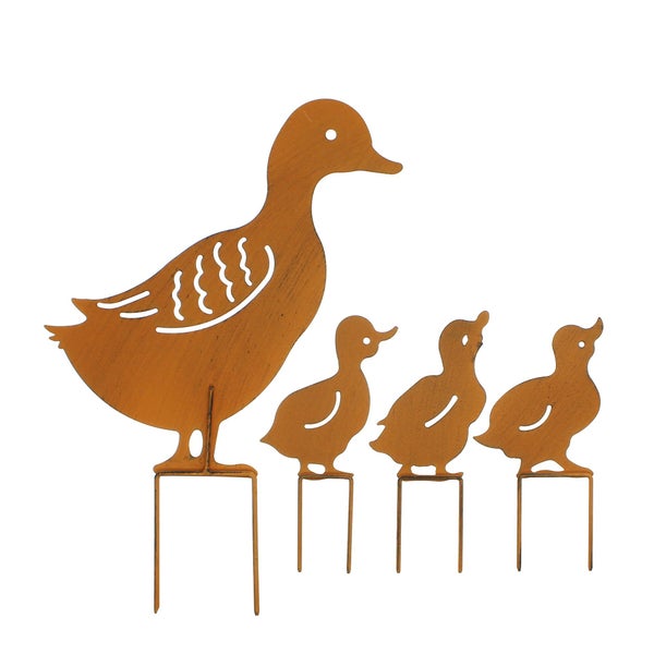 FRANK FLECHTWAREN | Gartenstecker Entenfamilie, 4er Set, METALL, Ente ca. 30 x 35 cm, Entenküken 12 x 14 cm