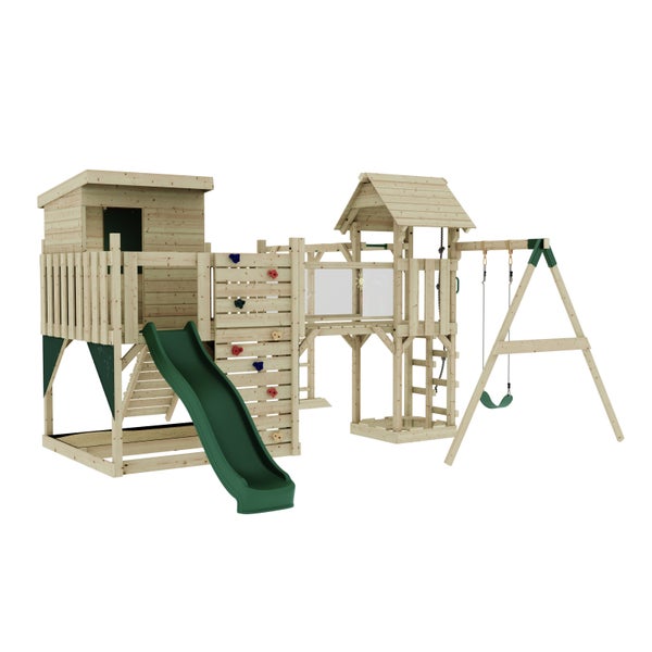 Spielplatzanlage mit Kletterwand, Rutsche und Schaukel