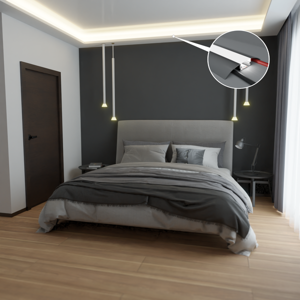 TIVENDIS Led Alu Profil 2 m KK mit Zubehör für Strip / Streifen bis 12 mm breit | Abdeckung schwarz  |  Einabu Aufputz Sockelleiste Fußleiste Bodenleiste eloxiert