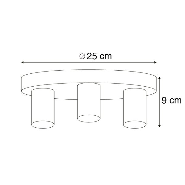 Technische Zeichnung einer Deckenleuchte mit drei Leuchten und den Maßen Durchmesser 25 cm und Höhe 9 cm.