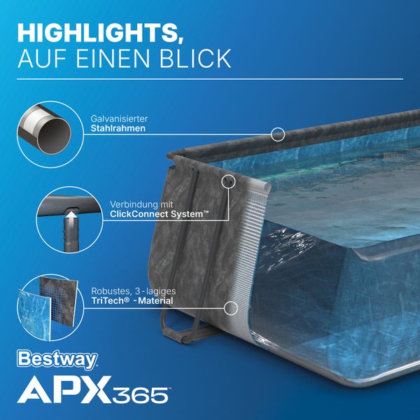 Highlights Bestway APX365 Pool mit galvanisiertem Stahlrahmen, ClickConnect Verbindungssystem und dreilagigem TriTech-Material. Bestway Logo.