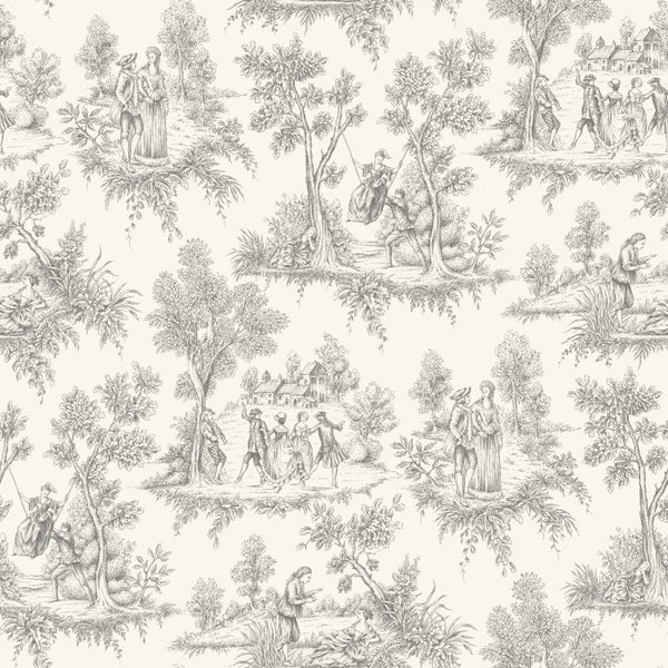 Tapete mit Toile-de-Jouy-Muster, historische pastorale Szenen mit Personen, Bäumen und ländlichen Motiven.