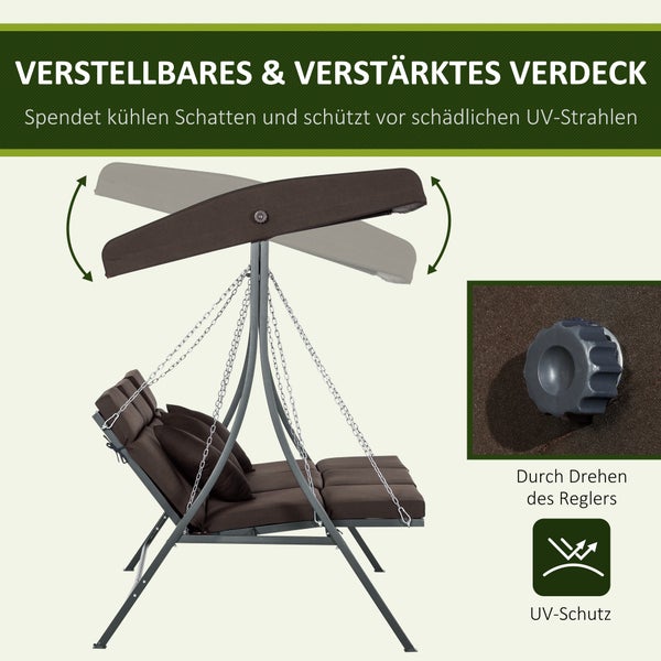 Outsunny Hollywoodschaukel, 3-Sitzer, mit Verstellbarem Sonnendach, mit Kissen, bis 270 kg Belastbar, 200 x 115 x 168 cm, Metall, Texteline, Braun