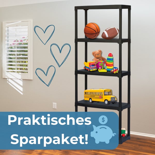 Schwarzes Kunststoffregal mit fünf Ebenen, gefüllt mit Spielzeug im Kinderzimmer.