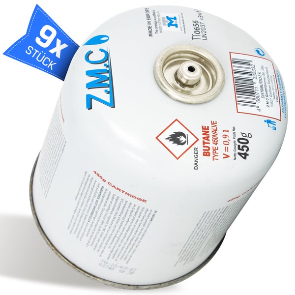 Z.M.C 9X Gaskartuschen 450g, Propan/Butan Gas 810ml, Gaskartusche EN417, Eurogewinde Schraubgewinde Anschluss, Schraubkartusche für Unkrautbrenner, Universal Druckgasdose mit Schraubventil
